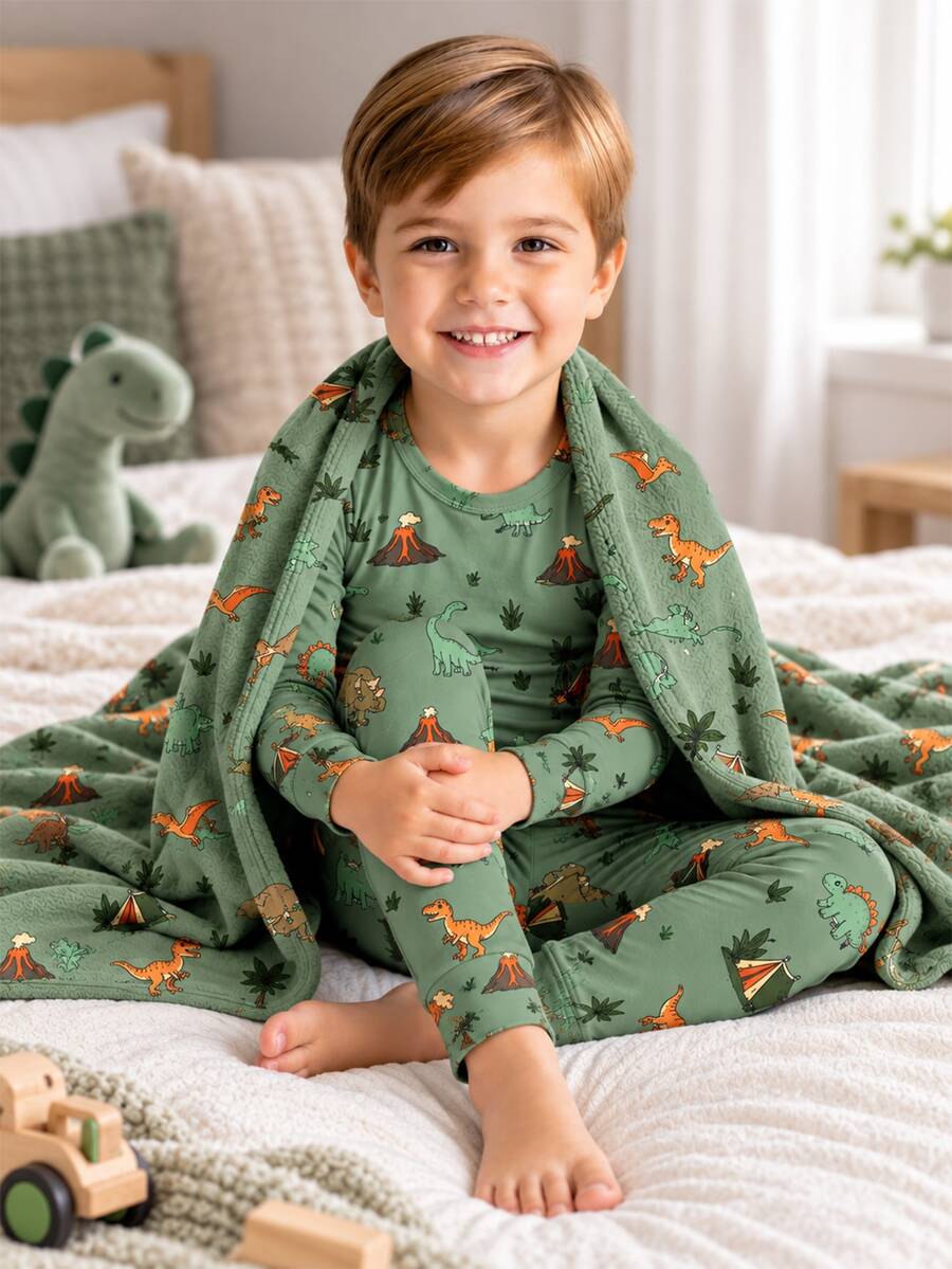 Young Boy Thickened Dinosaur Print Pajama Set, Snug Fit 2pcs Soft Knit Long Sleeve Top & Slim Fit Pants, Warm Fall Winter Loungewear - Green - View 1