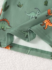 Young Boy Thickened Dinosaur Print Pajama Set, Snug Fit 2pcs Soft Knit Long Sleeve Top & Slim Fit Pants, Warm Fall Winter Loungewear - Green - View 5