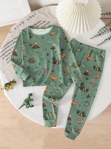 Young Boy Thickened Dinosaur Print Pajama Set, Snug Fit 2pcs Soft Knit Long Sleeve Top & Slim Fit Pants, Warm Fall Winter Loungewear - Green - View 6