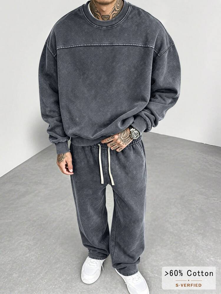 SLATEMANN 男士純色圓領長袖運動衫與長褲休閒日常套裝，哥德風 - 黑色 - 查看 1