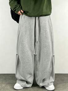 DAZY Men's Long Grey Knee Pleated Design Elastic Waist Loose Wide Leg Sweatpants Fall - Grey - View 2