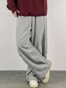 DAZY Men's Long Grey Knee Pleated Design Elastic Waist Loose Wide Leg Sweatpants Fall - Grey - View 3