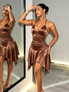Zolique Sexy Techno Deep V Halter Strap Dress With Shades Of Brown Bead Decor Ruched Slim Fit IrregularHem Satin-Look Night Out Club Party Rave Mini Summer - Brown - View 5