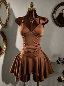 Zolique Sexy Techno Deep V Halter Strap Dress With Shades Of Brown Bead Decor Ruched Slim Fit IrregularHem Satin-Look Night Out Club Party Rave Mini Summer - Brown - View 2