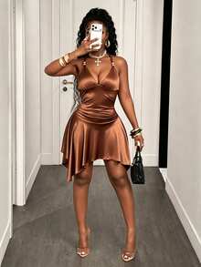 Zolique Sexy Techno Deep V Halter Strap Dress With Shades Of Brown Bead Decor Ruched Slim Fit IrregularHem Satin-Look Night Out Club Party Rave Mini Summer - Brown - View 6
