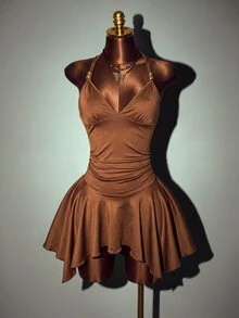 Zolique Sexy Techno Deep V Halter Strap Dress With Shades Of Brown Bead Decor Ruched Slim Fit IrregularHem Satin-Look Night Out Club Party Rave Mini Summer - Brown - View 1