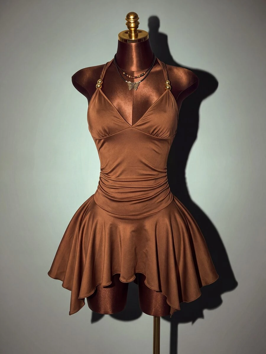 Zolique Sexy Techno Deep V Halter Strap Dress With Shades Of Brown Bead Decor Ruched Slim Fit IrregularHem Satin-Look Night Out Club Party Rave Mini Summer - Brown - View 1