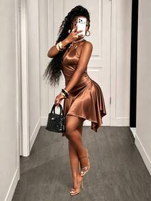 Zolique Sexy Techno Deep V Halter Strap Dress With Shades Of Brown Bead Decor Ruched Slim Fit IrregularHem Satin-Look Night Out Club Party Rave Mini Summer - Brown - View 7
