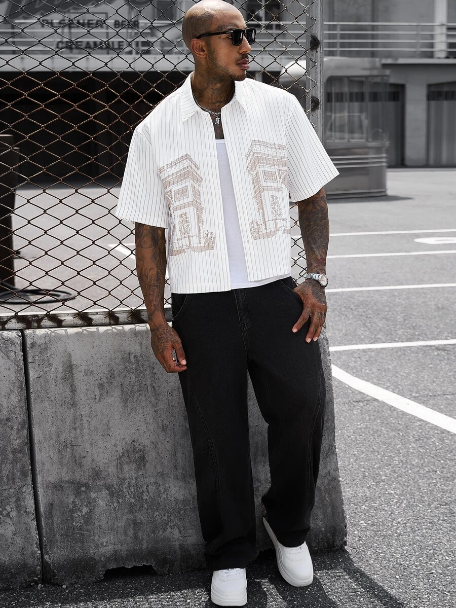 SLATEMANN Men's Striped Color Block Single-Breasted Casual Versatile Daily Travel Short Sleeve Shirt - White - View 1