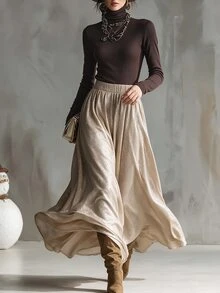 SHEIN Vintage Coffee Color High Neck Ribbed Knit Long Sleeve Top & Gold Glitter High Waist Drape Flared Midi Skirt Luxury Women's Set - Brown - View 7