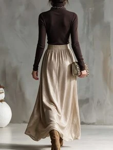 SHEIN Vintage Coffee Color High Neck Ribbed Knit Long Sleeve Top & Gold Glitter High Waist Drape Flared Midi Skirt Luxury Women's Set - Brown - View 3