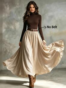 SHEIN Vintage Coffee Color High Neck Ribbed Knit Long Sleeve Top & Gold Glitter High Waist Drape Flared Midi Skirt Luxury Women's Set - Brown - View 2