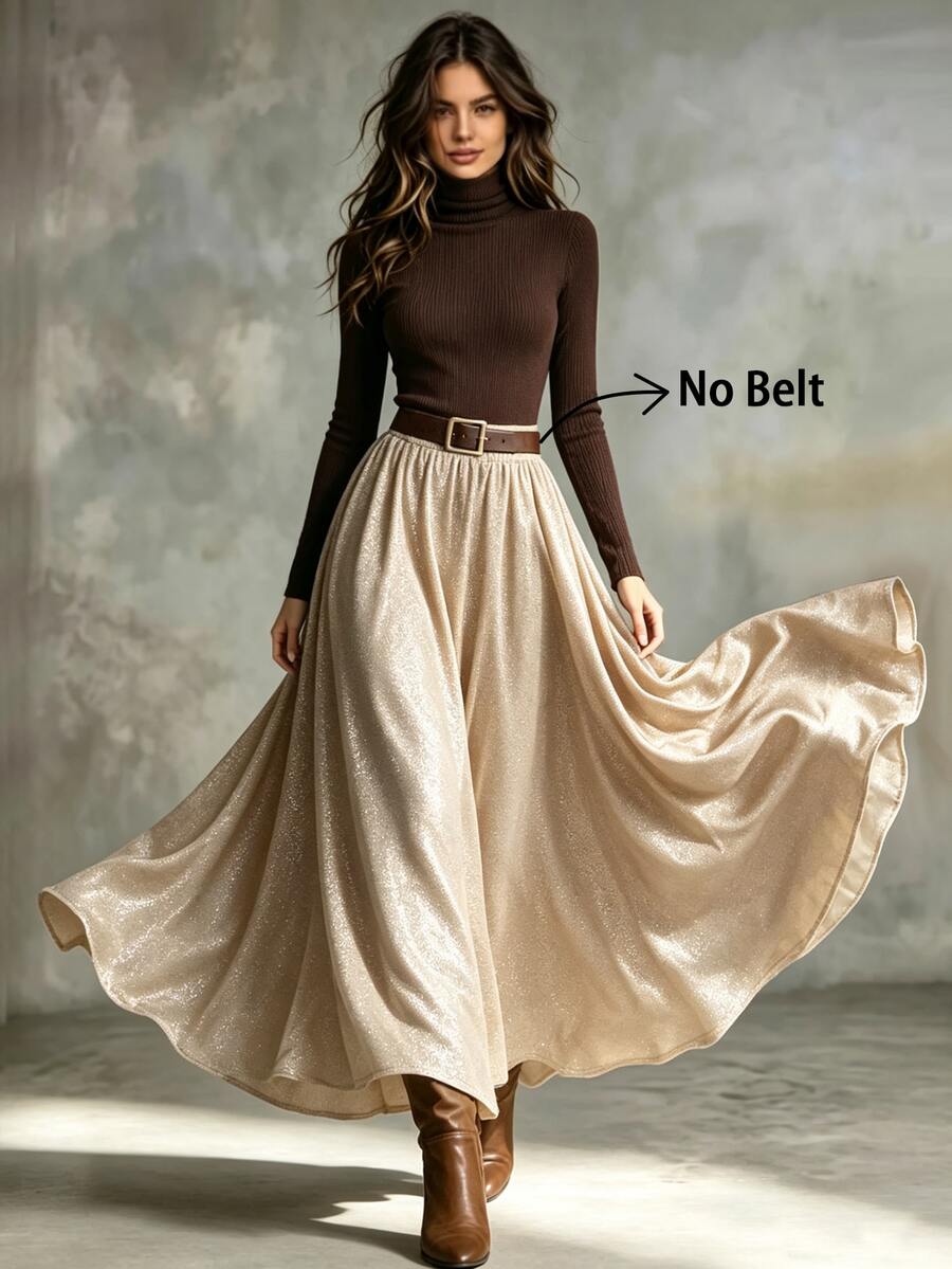 SHEIN Vintage Coffee Color High Neck Ribbed Knit Long Sleeve Top & Gold Glitter High Waist Drape Flared Midi Skirt Luxury Women's Set
