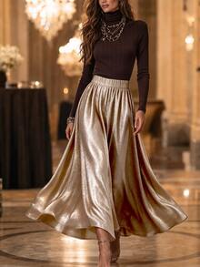 SHEIN Vintage Coffee Color High Neck Ribbed Knit Long Sleeve Top & Gold Glitter High Waist Drape Flared Midi Skirt Luxury Women's Set - Brown - View 4