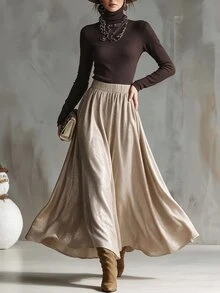 SHEIN Vintage Coffee Color High Neck Ribbed Knit Long Sleeve Top & Gold Glitter High Waist Drape Flared Midi Skirt Luxury Women's Set - Brown - View 6
