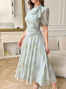 Modelyn Blue Woman's Tie-Collar Cinched Waist Pleated Dress, Half Sleeve, Midi Knotted, Ruffle, Formal, Evening Women - Blue - View 4