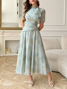 Modelyn Blue Woman's Tie-Collar Cinched Waist Pleated Dress, Half Sleeve, Midi Knotted, Ruffle, Formal, Evening Women - Blue - View 6