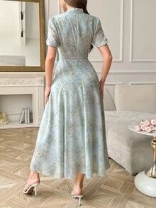 Modelyn Blue Woman's Tie-Collar Cinched Waist Pleated Dress, Half Sleeve, Midi Knotted, Ruffle, Formal, Evening Women - Blue - View 2