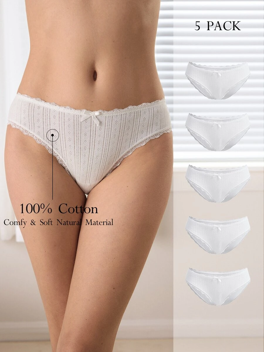 Ocili 5pcs Bulk Pack Pure Cotton Knitted Jacquard Comfortable Women's Contrast Lace Bow Decor Triangle Panties - White - View 1