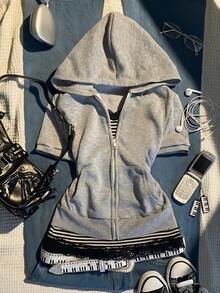IslaSuriya Sweatshirt Hoodie Wanita Y2K Lengan Pendek dengan Ritsleting dan Saku, Simpel dan Kasual, Cocok untuk Kembali ke Sekolah - Light Grey - View 3