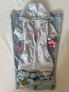 IslaSuriya Sweatshirt Hoodie Wanita Y2K Lengan Pendek dengan Ritsleting dan Saku, Simpel dan Kasual, Cocok untuk Kembali ke Sekolah - Light Grey - View 1