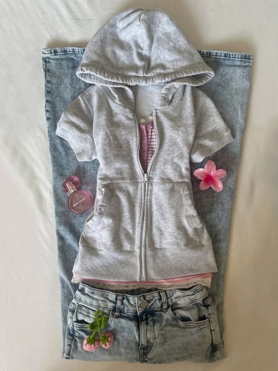 IslaSuriya Sweatshirt Hoodie Wanita Y2K Lengan Pendek dengan Ritsleting dan Saku, Simpel dan Kasual, Cocok untuk Kembali ke Sekolah - Light Grey - View 1