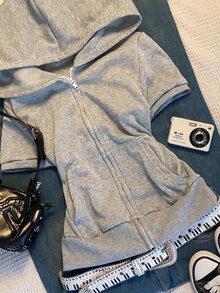 IslaSuriya Sweatshirt Hoodie Wanita Y2K Lengan Pendek dengan Ritsleting dan Saku, Simpel dan Kasual, Cocok untuk Kembali ke Sekolah - Light Grey - View 4
