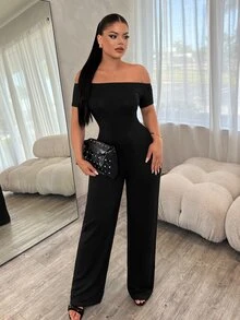 SHEIN SXY 女款純色露肩短袖休閒性感時尚連身褲，黑色，適合夜晚外出與夏季穿著 - 黑色 - 查看 5