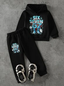 SHEIN 幼童男孩黑色連帽衛衣與慢跑褲套裝，卡通數字圖案長袖上衣，秋冬服飾，萬聖節穿搭 - 黑色 - 查看 2