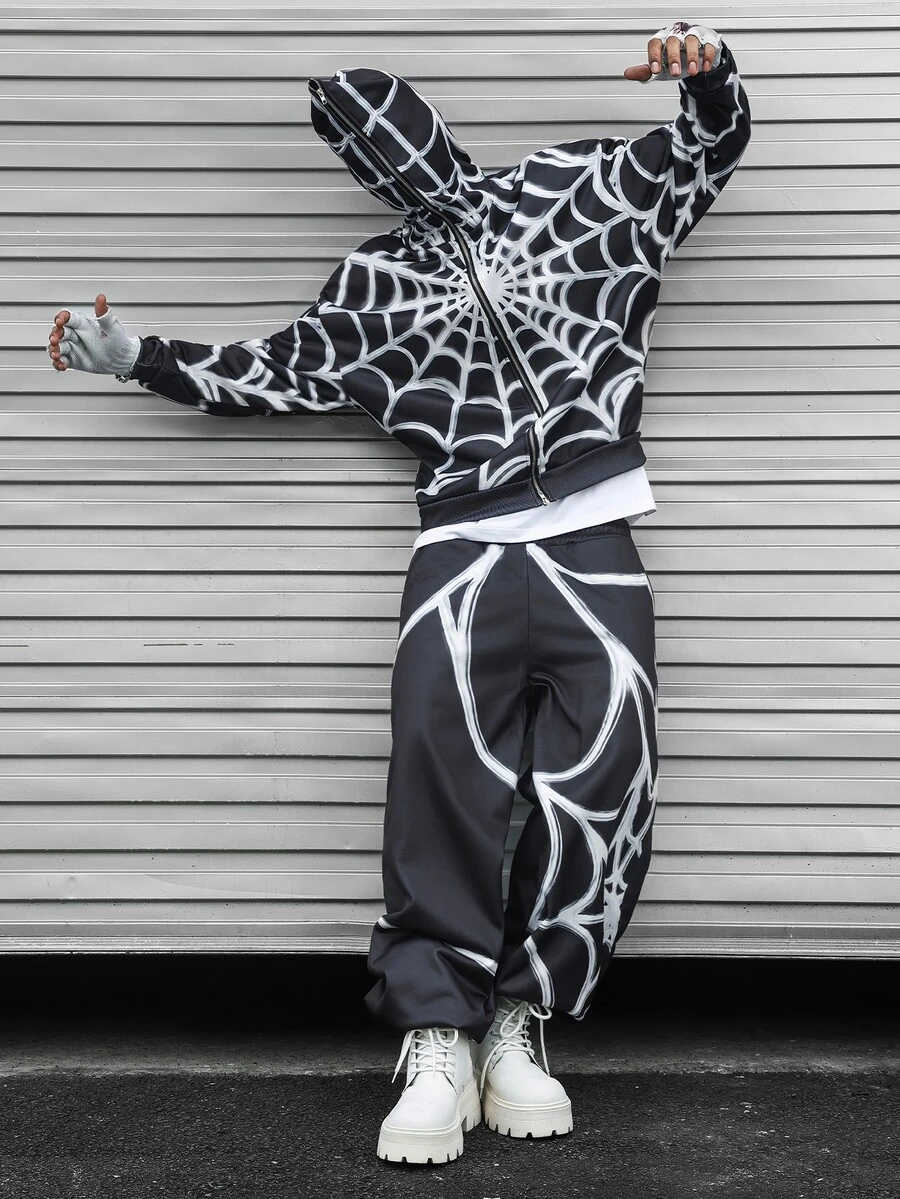 Major Grit Men's Streetwear Spider Web Spider Graphic Dark Pattern Sweatshirt Set, Boyfriend/Husband Anniversary Gift - Black - View 1