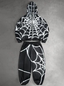 Major Grit Men's Streetwear Spider Web Spider Graphic Dark Pattern Sweatshirt Set, Boyfriend/Husband Anniversary Gift - Black - View 2