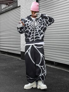 Major Grit Men's Streetwear Spider Web Spider Graphic Dark Pattern Sweatshirt Set, Boyfriend/Husband Anniversary Gift - Black - View 5