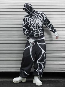 Major Grit Men's Streetwear Spider Web Spider Graphic Dark Pattern Sweatshirt Set, Boyfriend/Husband Anniversary Gift - Black - View 4