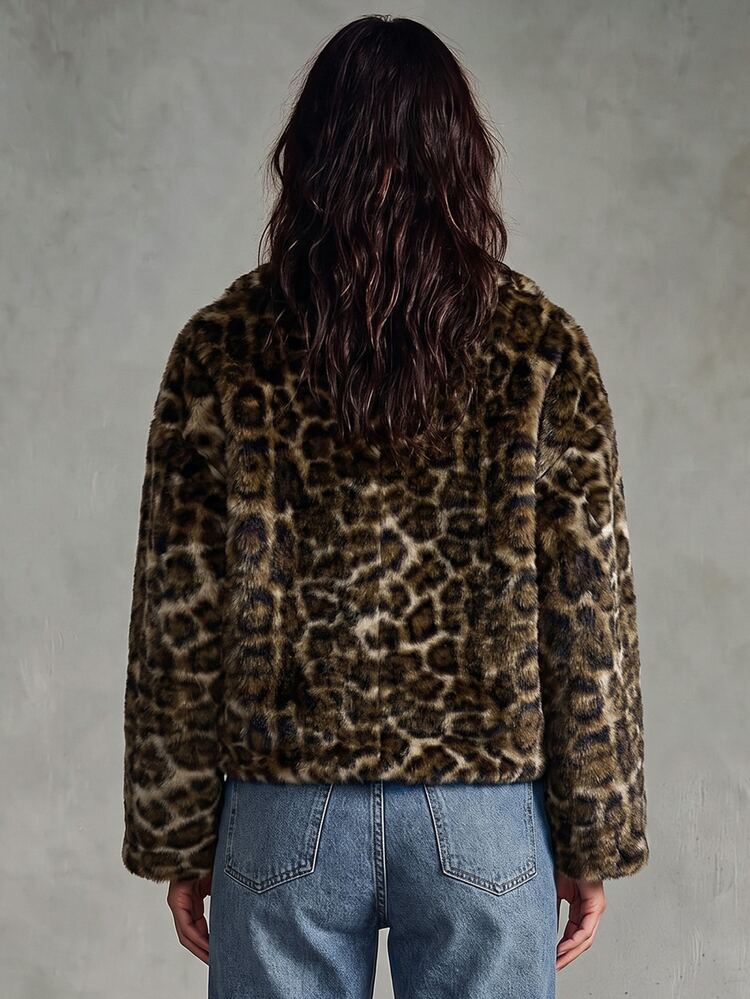 SoleilVie Vintage Leopard Print Fluffy Loose Lapel Long Sleeve Jacket - Multicolor - View 2