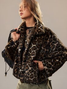 SoleilVie Chaqueta vintage de estampado de leopardo, esponjosa, holgada, con solapa y manga larga - Multicolor - Ver 10