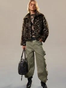 SoleilVie Chaqueta vintage de estampado de leopardo, esponjosa, holgada, con solapa y manga larga - Multicolor - Ver 9