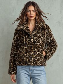 SoleilVie Chaqueta vintage de estampado de leopardo, esponjosa, holgada, con solapa y manga larga - Multicolor - Ver 6