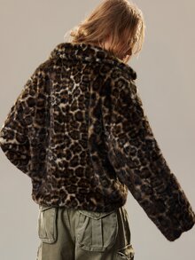 SoleilVie Chaqueta vintage de estampado de leopardo, esponjosa, holgada, con solapa y manga larga - Multicolor - Ver 8