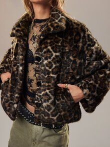 SoleilVie Chaqueta vintage de estampado de leopardo, esponjosa, holgada, con solapa y manga larga - Multicolor - Ver 12