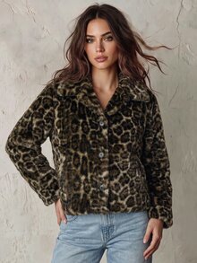 SoleilVie Chaqueta vintage de estampado de leopardo, esponjosa, holgada, con solapa y manga larga - Multicolor - Ver 4