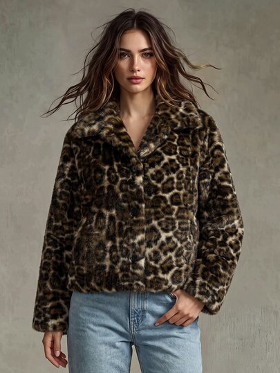 SoleilVie Vintage Leopard Print Fluffy Loose Lapel Long Sleeve Jacket