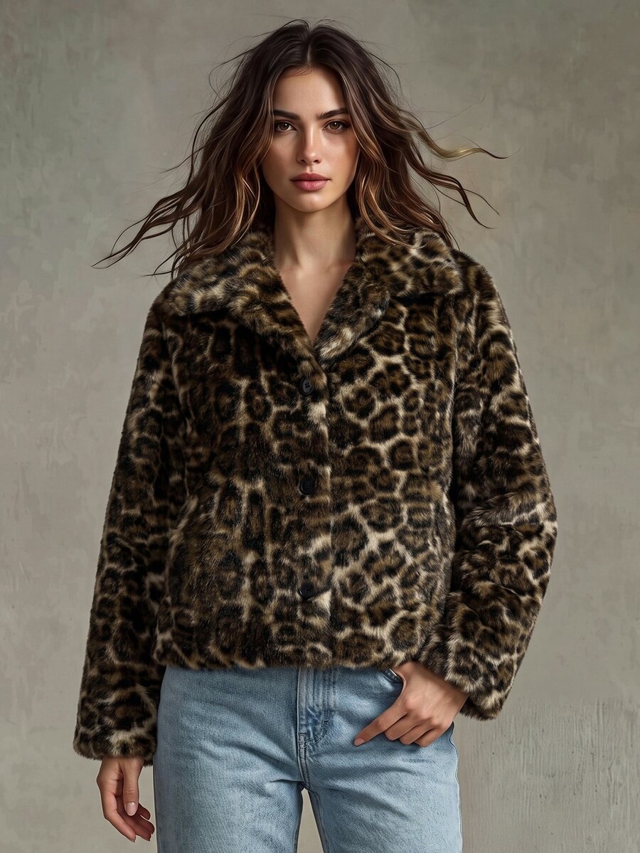 SoleilVie Chaqueta vintage de estampado de leopardo, esponjosa, holgada, con solapa y manga larga - Multicolor - Ver 1