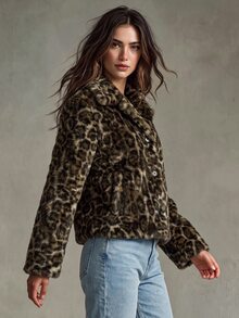 SoleilVie Chaqueta vintage de estampado de leopardo, esponjosa, holgada, con solapa y manga larga - Multicolor - Ver 5