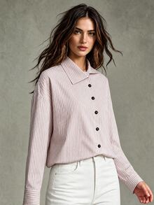 Trelyra Striped Turtleneck Shirt, Asymmetric Aesthetic, Early Spring Layering Masterpiece - Pink - View 6
