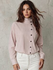 Trelyra Striped Turtleneck Shirt, Asymmetric Aesthetic, Early Spring Layering Masterpiece - Pink - View 4