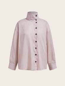 Trelyra Striped Turtleneck Shirt, Asymmetric Aesthetic, Early Spring Layering Masterpiece - Pink - View 7