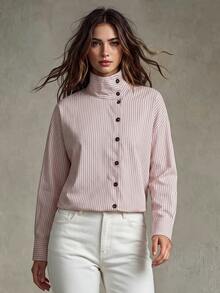 Trelyra Striped Turtleneck Shirt, Asymmetric Aesthetic, Early Spring Layering Masterpiece - Pink - View 1
