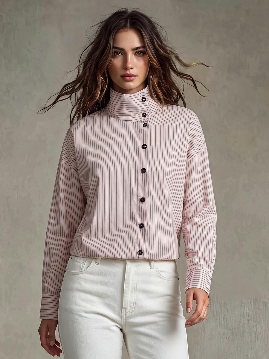 Trelyra Striped Turtleneck Shirt, Asymmetric Aesthetic, Early Spring Layering Masterpiece - Pink - View 1