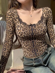 Joudiya Women Lace Splice Leopard Print Long Sleeve Slim Fit T-Shirt,Fall Clothes - Brown - View 10