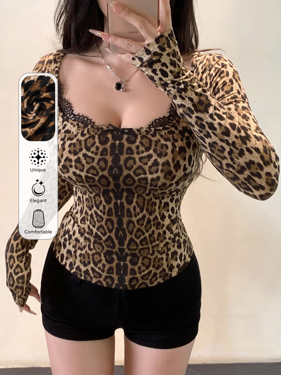 Joudiya Women Lace Splice Leopard Print Long Sleeve Slim Fit T-Shirt,Fall Clothes - Brown - View 1